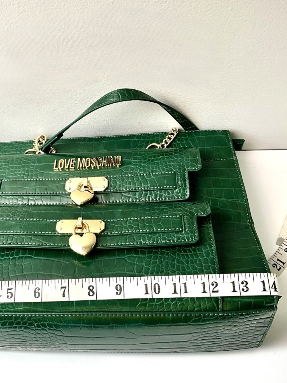 Love Moschino  Green Croc Embossed Leather Tote Bag Gold Chain Heart Lock - Picture 9 of 11